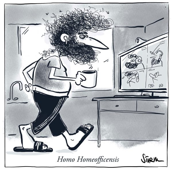Im Frühjahr 2020 entwickelte sich der Homo Homeofficensis als nächster Verwandter des Homo Sapiens. Cartoon von Philipp Sturm