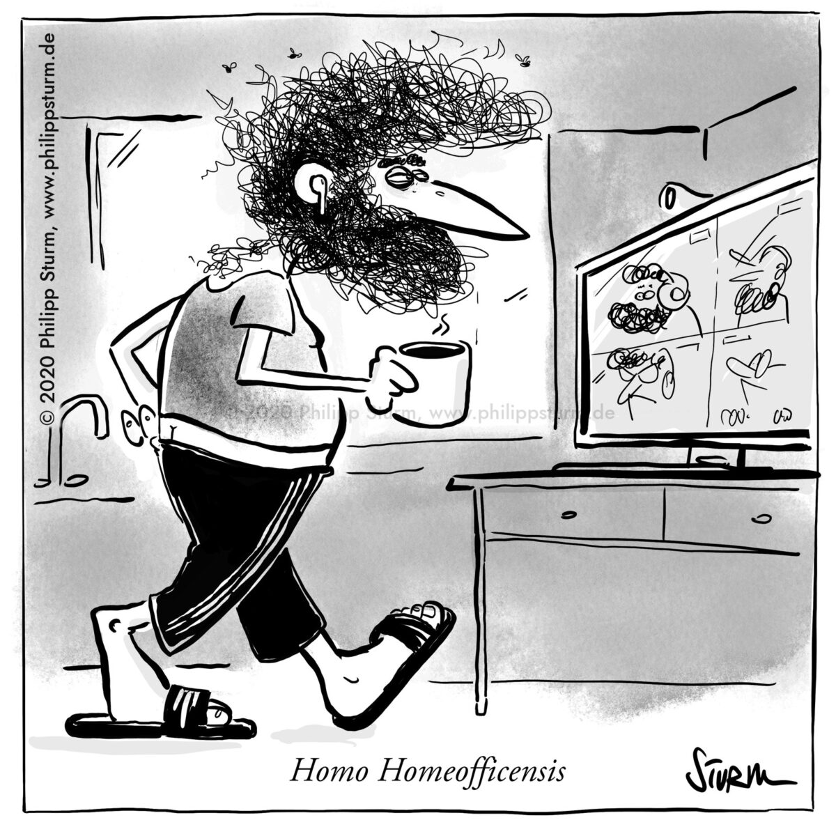 Verwahrloster Mann mit wildem Bart, Jogginghose und Kaffee schlurft zur Videokonferenz – Cartoon von Philipp Sturm