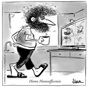 Im Frühjahr 2020 entwickelte sich der Homo Homeofficensis als nächster Verwandter des Homo Sapiens. Cartoon von Philipp Sturm