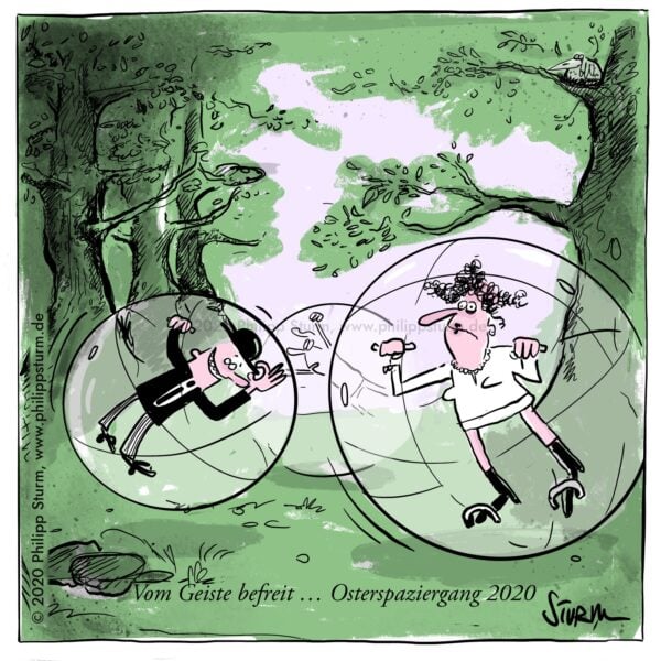 Zwei Spaziergänger rollen in durchsichtigen Plastikkugeln durch einen grünen Frühlingswald – Cartoon von Philipp Sturm