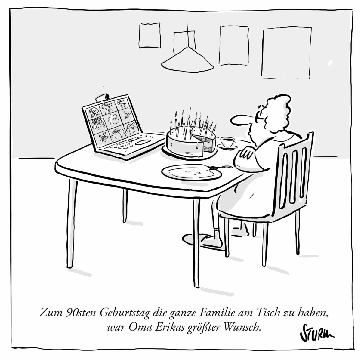 Zum 90sten Geburtstag die ganze Familie am Tisch zu haben, war Oma Erikas größter Wunsch. Cartoon von Philipp Sturm