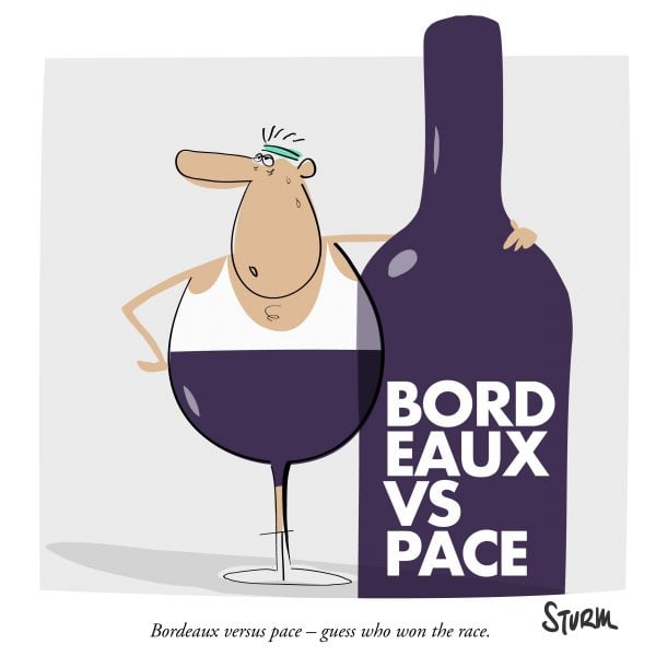 Bordeaux versus pace – guess who won the race. Prost! Cartoon von Philipp Sturm.