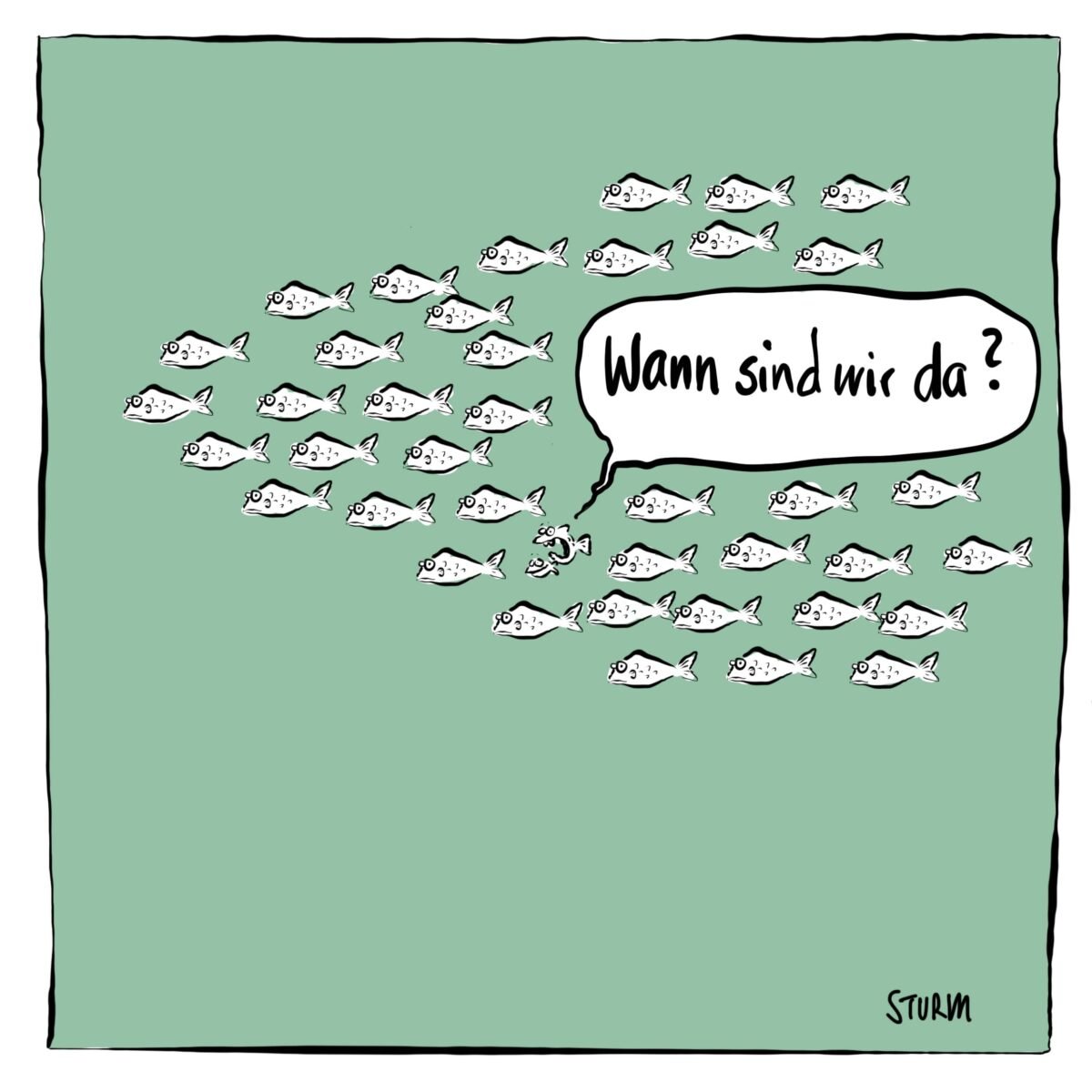 Wann sind wir da (Schwarm, Kinder, Fische) – Cartoon Philipp Sturm (grün)