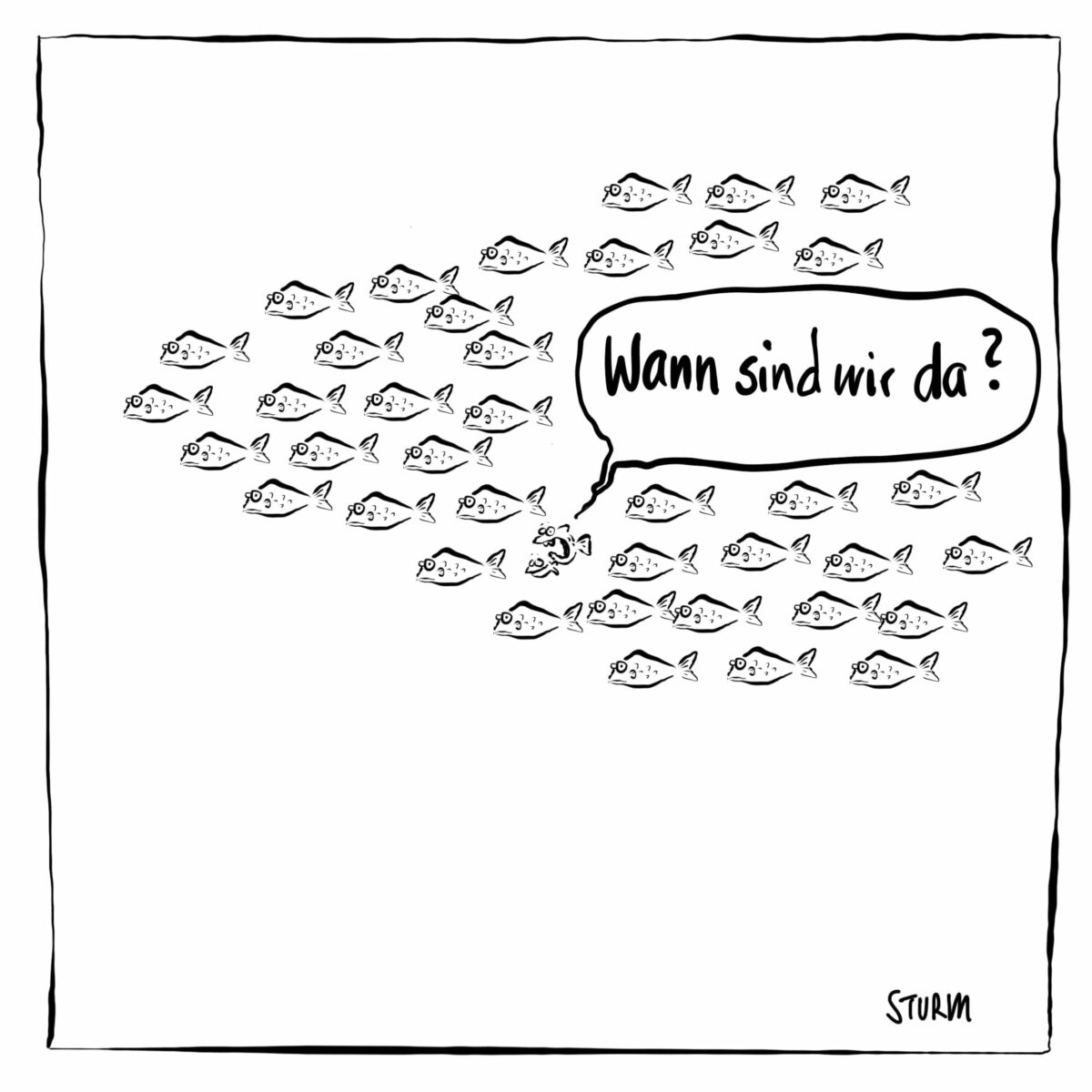 Wann sind wir da (Schwarm, Kinder, Fische) – Cartoon Philipp Sturm (weiß)