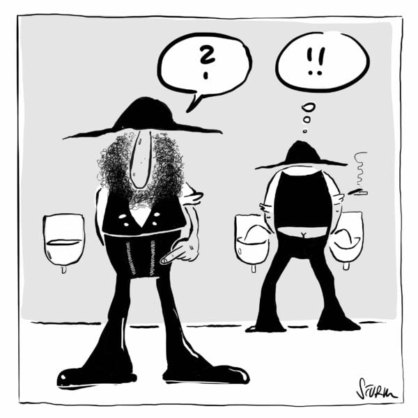 Why do guild pants have two zippers? Cartoon by Philipp Sturm