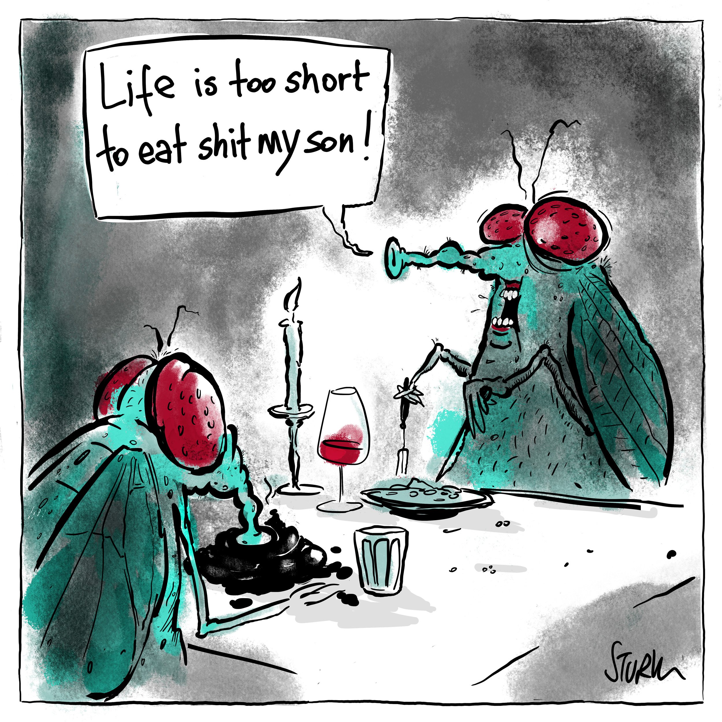 Cartoon by Philipp Sturm. Caption: "Life is too short ro to eat shit my son."