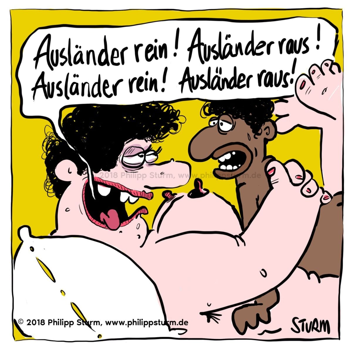 Paar im Bett ruft „Ausländer rein! Ausländer raus!“ – Cartoon von Philipp Sturm