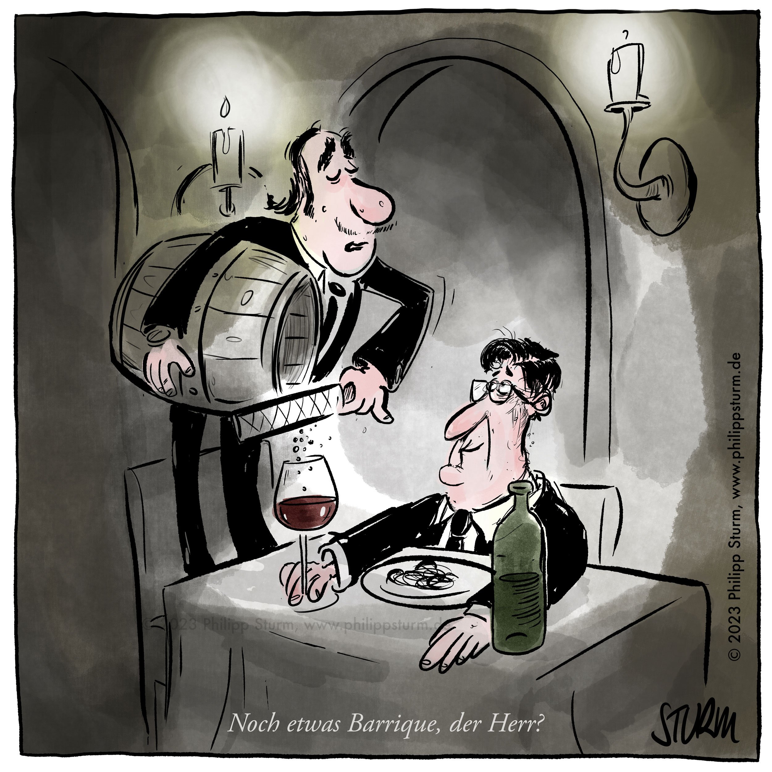 Barrique Rotwein - Cartoon von Philipp Sturm.