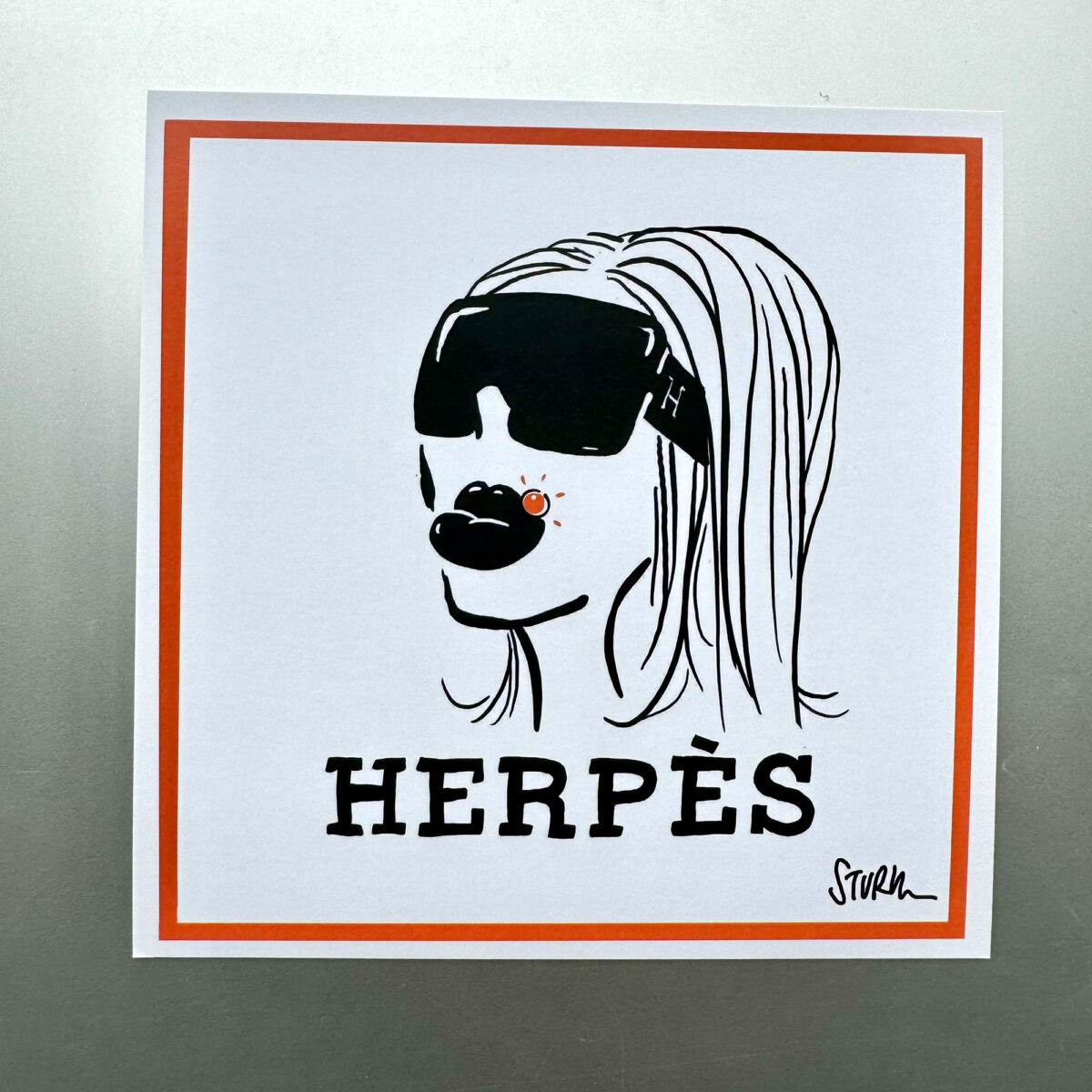 Postkarte mit Cartoon von Philipp Sturm, quadratisch, Titel: Herpès