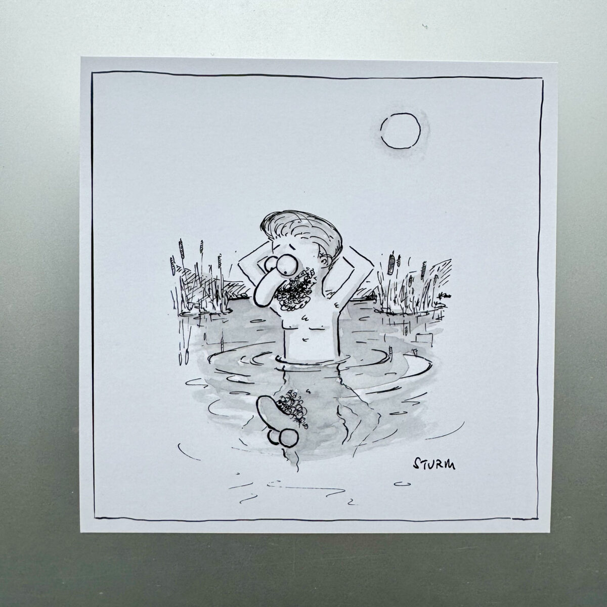 Postkarte mit Cartoon von Philipp Sturm, quadratisch, Titel: Narziss