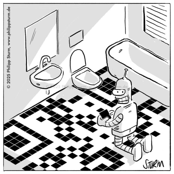 Roboter Bender verlegt im Bad schwarze und weiße Fliesen im Muster eines QR-Codes – Cartoon von Philipp Sturm