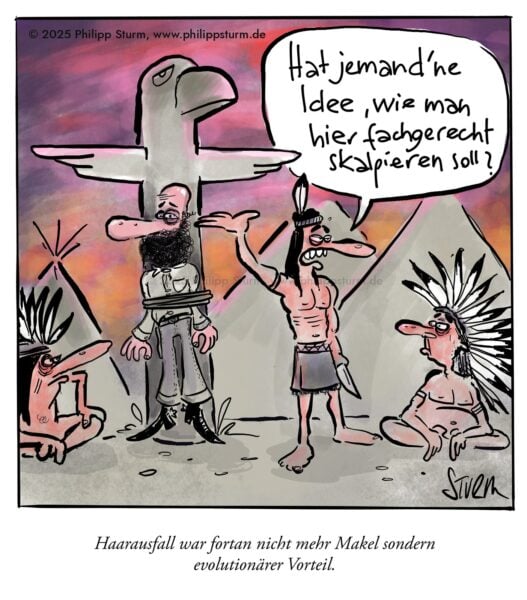Indianer stehen ratlos vor einem an einen Totempfahl gefesselten Mann mit Glatze und Vollbart – Cartoon von Philipp Sturm