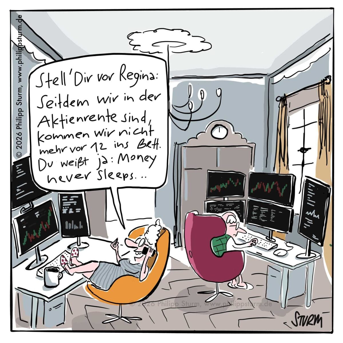Seniorenpaar in Ohrensesseln vor einer Wand voller Börsenmonitore, sie telefoniert mit Regina – Cartoon von Philipp Sturm
