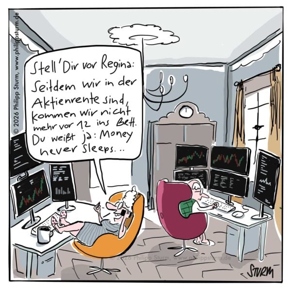 Seniorenpaar in Ohrensesseln vor einer Wand voller Börsenmonitore, sie telefoniert mit Regina – Cartoon von Philipp Sturm
