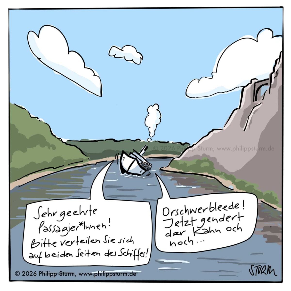 Raddampfer mit Schlagseite auf der Elbe, Durchsage an die Passagier*innen – Cartoon von Philipp Sturm