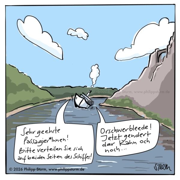 Raddampfer mit Schlagseite auf der Elbe, Durchsage an die Passagier*innen – Cartoon von Philipp Sturm