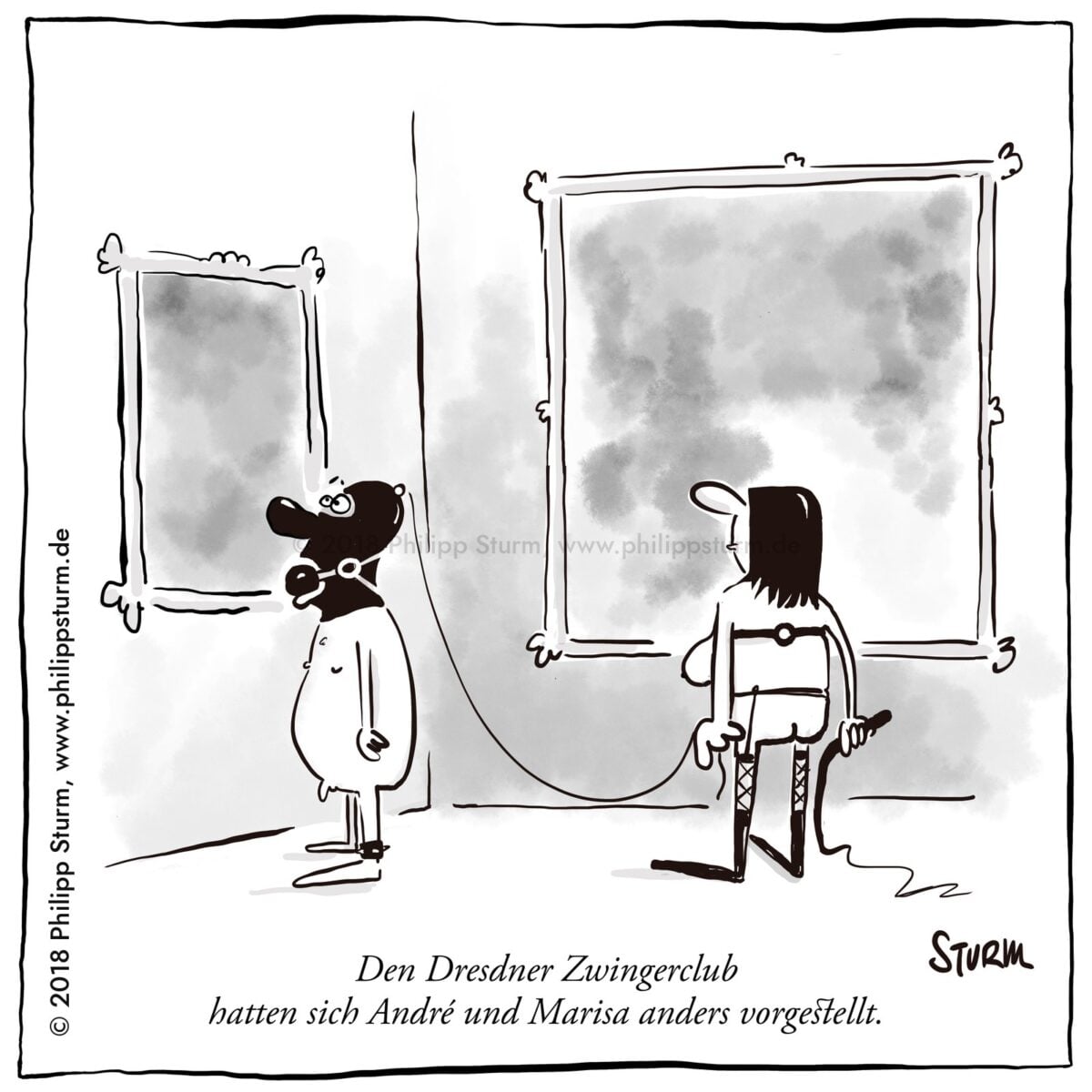 Ein Paar in Lack-und-Leder-Montur mit Leine steht in einer Gemäldegalerie vor alten Meistern – Cartoon von Philipp Sturm