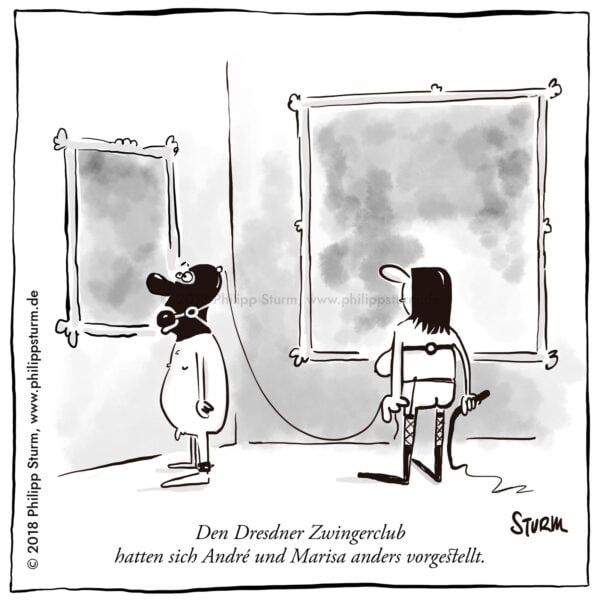 Ein Paar in Lack-und-Leder-Montur mit Leine steht in einer Gemäldegalerie vor alten Meistern – Cartoon von Philipp Sturm