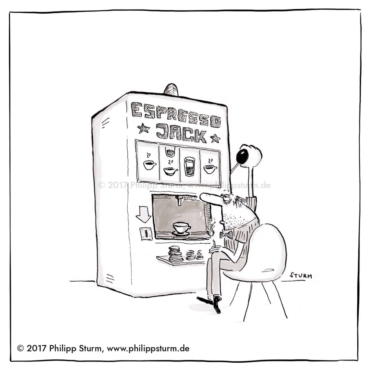 Mann vor einem Kaffeeautomaten im Stil eines einarmigen Banditen: Espresso Jack – Cartoon von Philipp Sturm