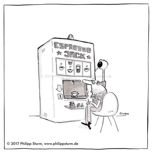 Mann vor einem Kaffeeautomaten im Stil eines einarmigen Banditen: Espresso Jack – Cartoon von Philipp Sturm