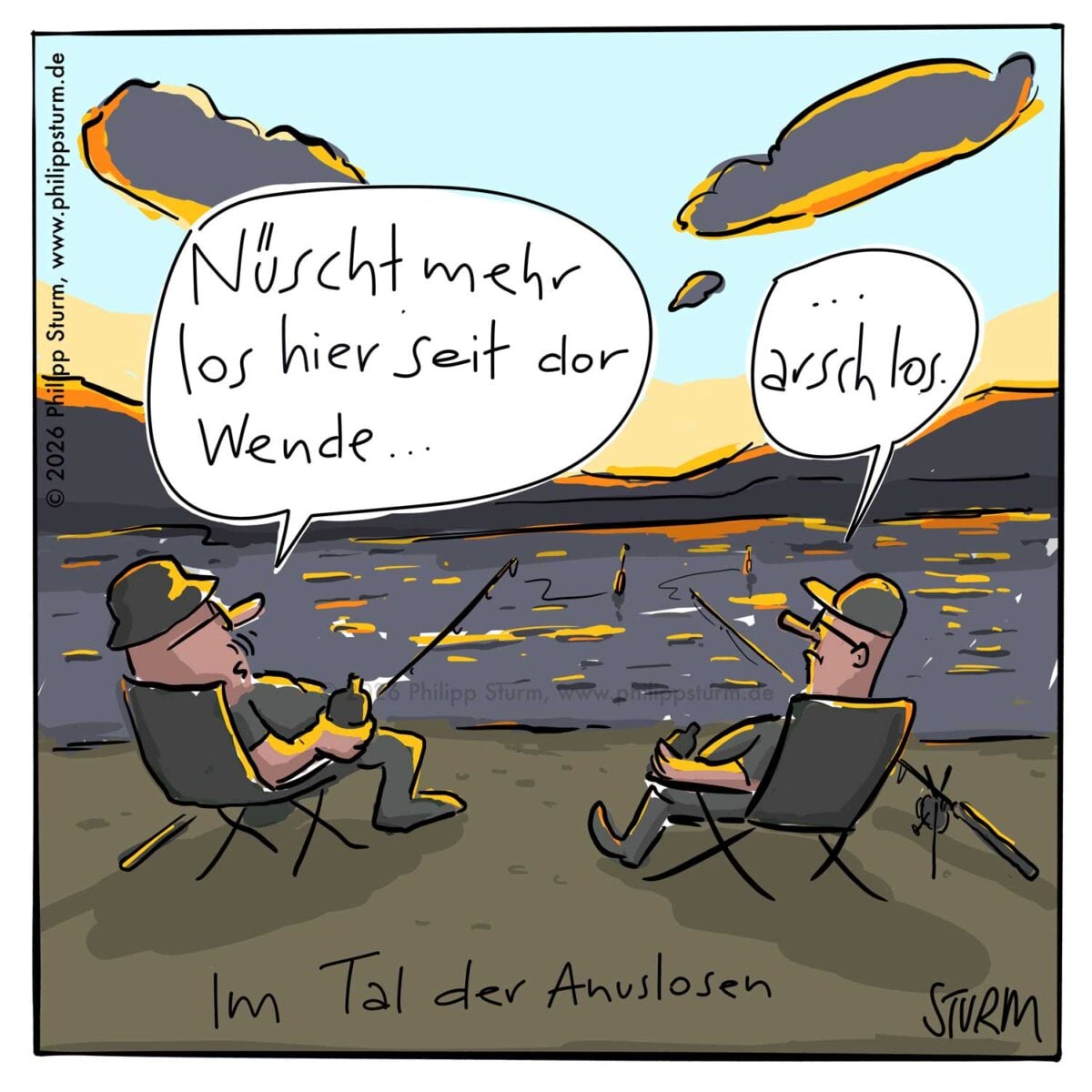 Zwei Angler in Campingstühlen mit Bier am Wasser bei Sonnenuntergang, Gespräch über die Wende – Cartoon von Philipp Sturm