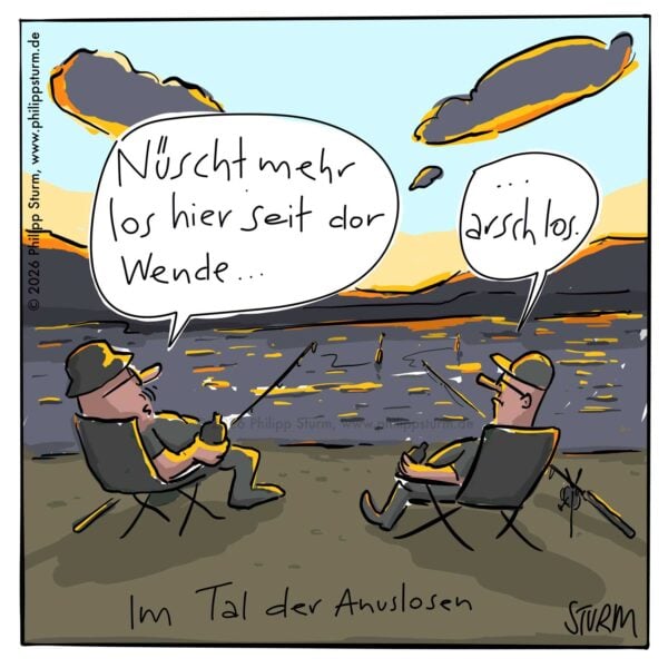 Zwei Angler in Campingstühlen mit Bier am Wasser bei Sonnenuntergang, Gespräch über die Wende – Cartoon von Philipp Sturm