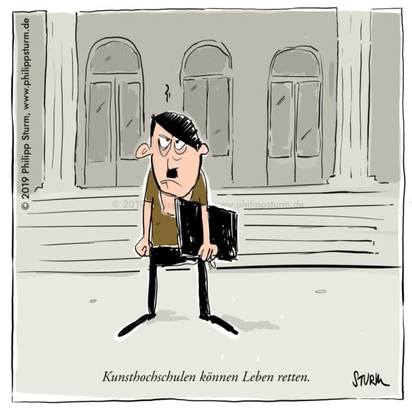 Mürrischer junger Hitler mit Malmappe vor dem Portal der Wiener Kunstakademie – Cartoon von Philipp Sturm