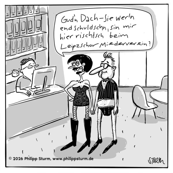 Paar in Dessous und Strapsen steht am Empfangstresen eines Büros und fragt nach dem Verein – Cartoon von Philipp Sturm