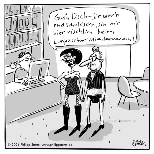 Paar in Dessous und Strapsen steht am Empfangstresen eines Büros und fragt nach dem Verein – Cartoon von Philipp Sturm