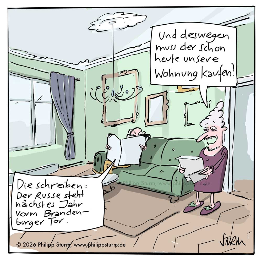 Älteres Paar im Wohnzimmer: Er liest Zeitung, sie hält empört ein Schreiben in der Hand – Cartoon von Philipp Sturm